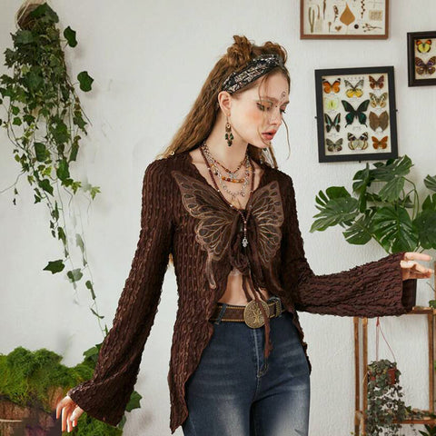 Pure Desire Fairy Style Design Butterfly Embroidery Tie-neck Cardigan Thin Blouse T-shirt Niche Top