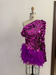 Purple Sequined Feather Skirt One-shoulder Sleeve Short Dress Luxury Party Stage Performance Dress Looty Lush