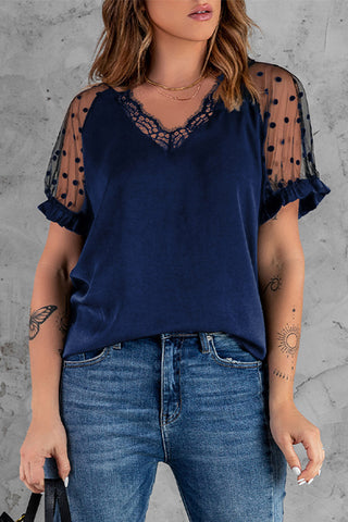 Lace Short Sleeve Top Ladies Slim Fit V-Neck Pullover T-Shirt