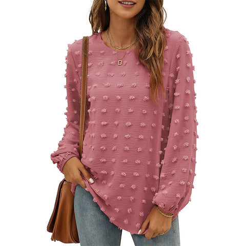 Looty Lush Loose Jacquard Long Sleeve Crew Neck T-shirt Top