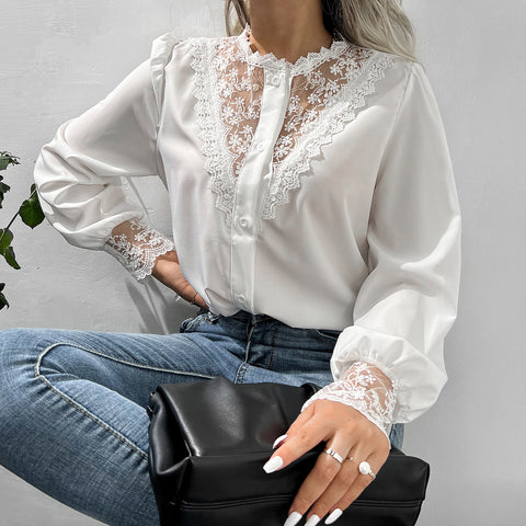 Lace Shirt Lantern Sleeve Single Breasted Top