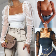 Puff sleeves tube top ruffled tight long sleeve mesh top