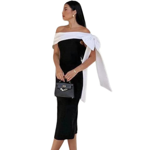 Women's Off-shoulder Bow Black And White Color Matching Elegant Cocktail Dress Looty Lush