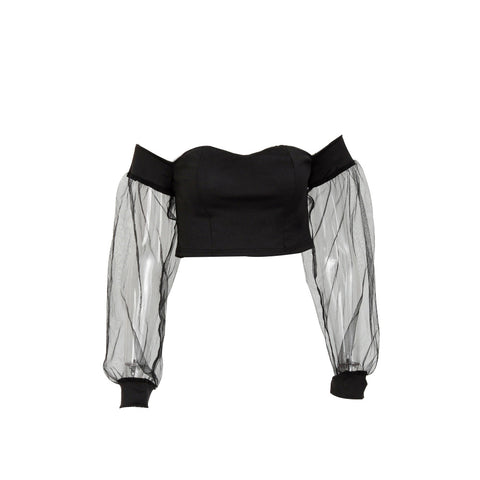 Short shoulder mesh gauze puff sleeve short top