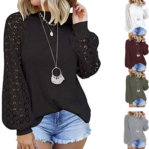 Looty Lush Round Collar Long Sleeves Lace Stitching Blouse Woman