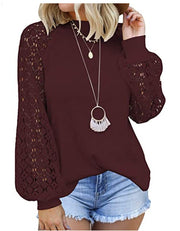 Looty Lush Round Collar Long Sleeves Lace Stitching Blouse Woman