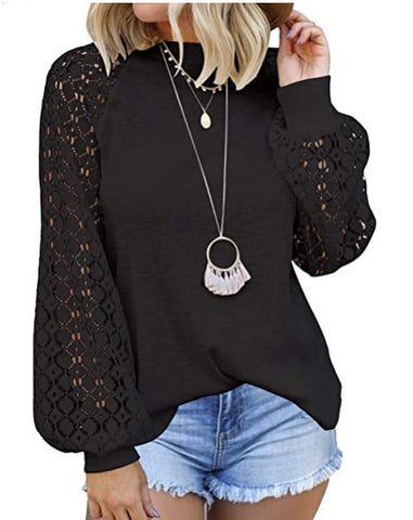 Looty Lush Round Collar Long Sleeves Lace Stitching Blouse Woman