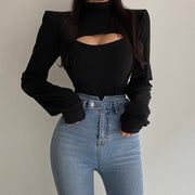 Looty Lush Hollow Puff Sleeve T Shirt Women's Solid Color High Neck Long Sleeve Slim Top