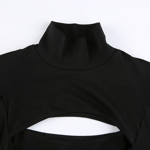 Looty Lush Hollow Puff Sleeve T Shirt Women's Solid Color High Neck Long Sleeve Slim Top