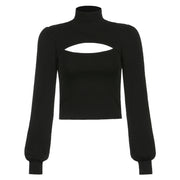 Looty Lush Hollow Puff Sleeve T Shirt Women's Solid Color High Neck Long Sleeve Slim Top