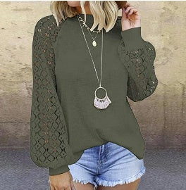 Looty Lush Round Collar Long Sleeves Lace Stitching Blouse Woman