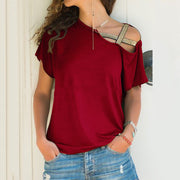 Women Skew Neck T-Shirt Summer Irregular Criss Cross Short Sleeves Sexy Off Shoulder Solid Tops Blusa Femme One Shoulder Shirt