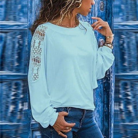 Looty Lush Hollow Long Sleeve Loose Lace T-shirt