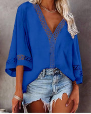 Looty Lush V-Neck Hollow Lace Flared Sleeve Shirt Top