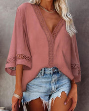 Looty Lush V-Neck Hollow Lace Flared Sleeve Shirt Top