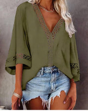 Looty Lush V-Neck Hollow Lace Flared Sleeve Shirt Top