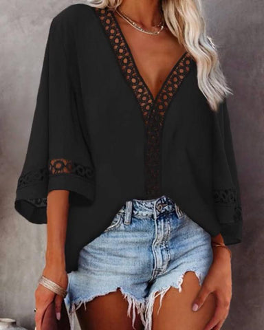 Looty Lush V-Neck Hollow Lace Flared Sleeve Shirt Top