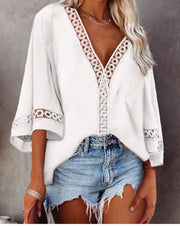 Looty Lush V-Neck Hollow Lace Flared Sleeve Shirt Top