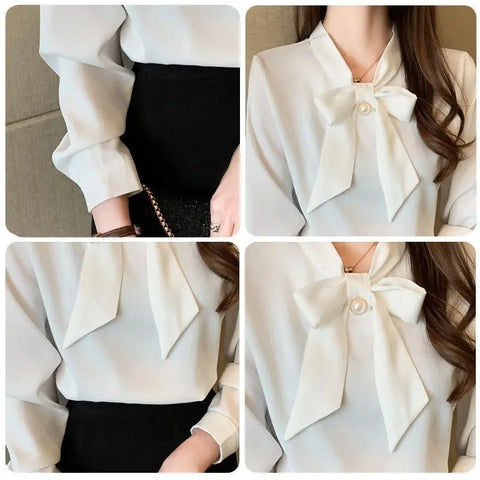 Looty Lush Spring New Bow Satin Long Sleeved Inner Shirt Blouse