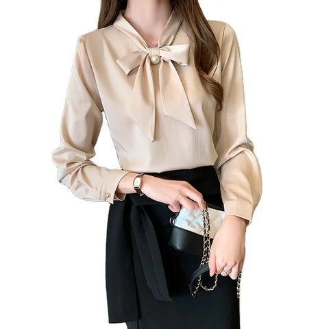 Looty Lush Spring New Bow Satin Long Sleeved Inner Shirt Blouse