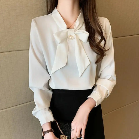 Looty Lush Spring New Bow Satin Long Sleeved Inner Shirt Blouse