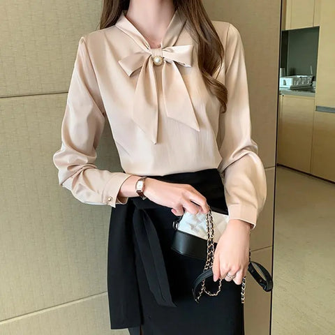 Looty Lush Spring New Bow Satin Long Sleeved Inner Shirt Blouse