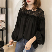 Looty Lush Loose Lantern Sleeve Chiffon Shirt Fashion Lace Crochet Hollow Long Sleeve Base Top