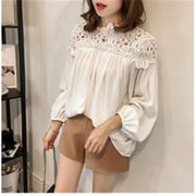 Looty Lush Loose Lantern Sleeve Chiffon Shirt Fashion Lace Crochet Hollow Long Sleeve Base Top