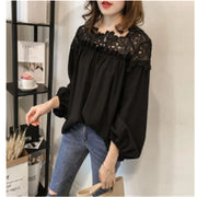 Looty Lush Loose Lantern Sleeve Chiffon Shirt Fashion Lace Crochet Hollow Long Sleeve Base Top