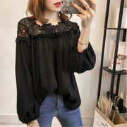 Looty Lush Loose Lantern Sleeve Chiffon Shirt Fashion Lace Crochet Hollow Long Sleeve Base Top