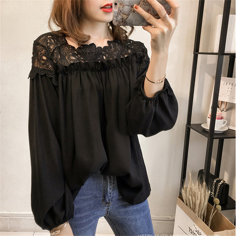 Looty Lush Loose Lantern Sleeve Chiffon Shirt Fashion Lace Crochet Hollow Long Sleeve Base Top