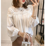 Looty Lush Loose Lantern Sleeve Chiffon Shirt Fashion Lace Crochet Hollow Long Sleeve Base Top