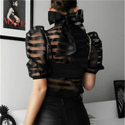 High-necked bow-knot mesh black top short T-shirt