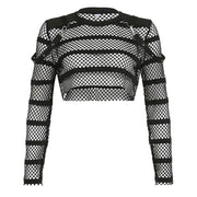 Dark Style Pure Black Mesh Long Sleeve Blouse