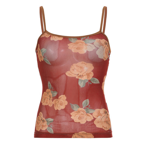 Floral Printed Mesh Small Suspender Bra Vest Top