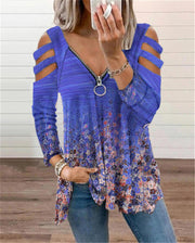 Looty Lush V-neck Small Floral Zipper Long-sleeved Loose T-shirt Top