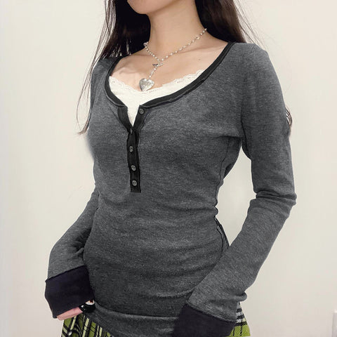 Looty Lush Female Gray Breasted Long Sleeve T-shirt Pullover Top