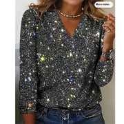 Women's Long Sleeves V-neck Christmas Shiny T-shirt