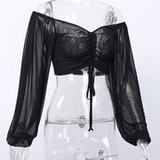 Mesh drawstring long sleeve top