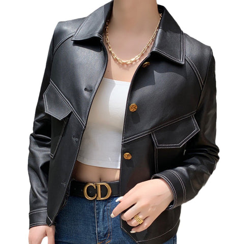 Coat Collar Buckle Leather Women's Short Slim-fitting Biker Looty Lush