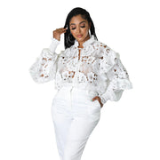 Looty Lush Women's Hollow Lace Lace Cardigan Lantern Sleeve Coat Shirt