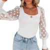 Casual Square Neck Mesh Polka Dot Stitching Pit Strip Long Sleeve T Shirt