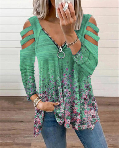 Looty Lush V-neck Small Floral Zipper Long-sleeved Loose T-shirt Top