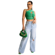 Women's Mesh See-Through Cropped Slanted Shoulder Top