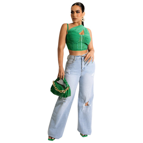 Women's Mesh See-Through Cropped Slanted Shoulder Top