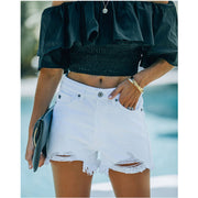 Women's High Waist White Hole Raw Edge Denim Shorts Looty Lush