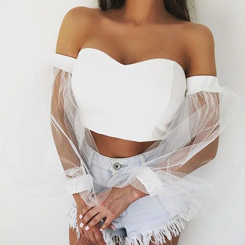 Short shoulder mesh gauze puff sleeve short top