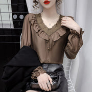 Lace Stitching V-neck Bottoming Blouse Western Style All-match Shirt Shirt Women