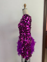 Purple Sequined Feather Skirt One-shoulder Sleeve Short Dress Luxury Party Stage Performance Dress Looty Lush