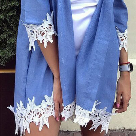 Looty Lush Fashion Collar Lace Denim Shirt